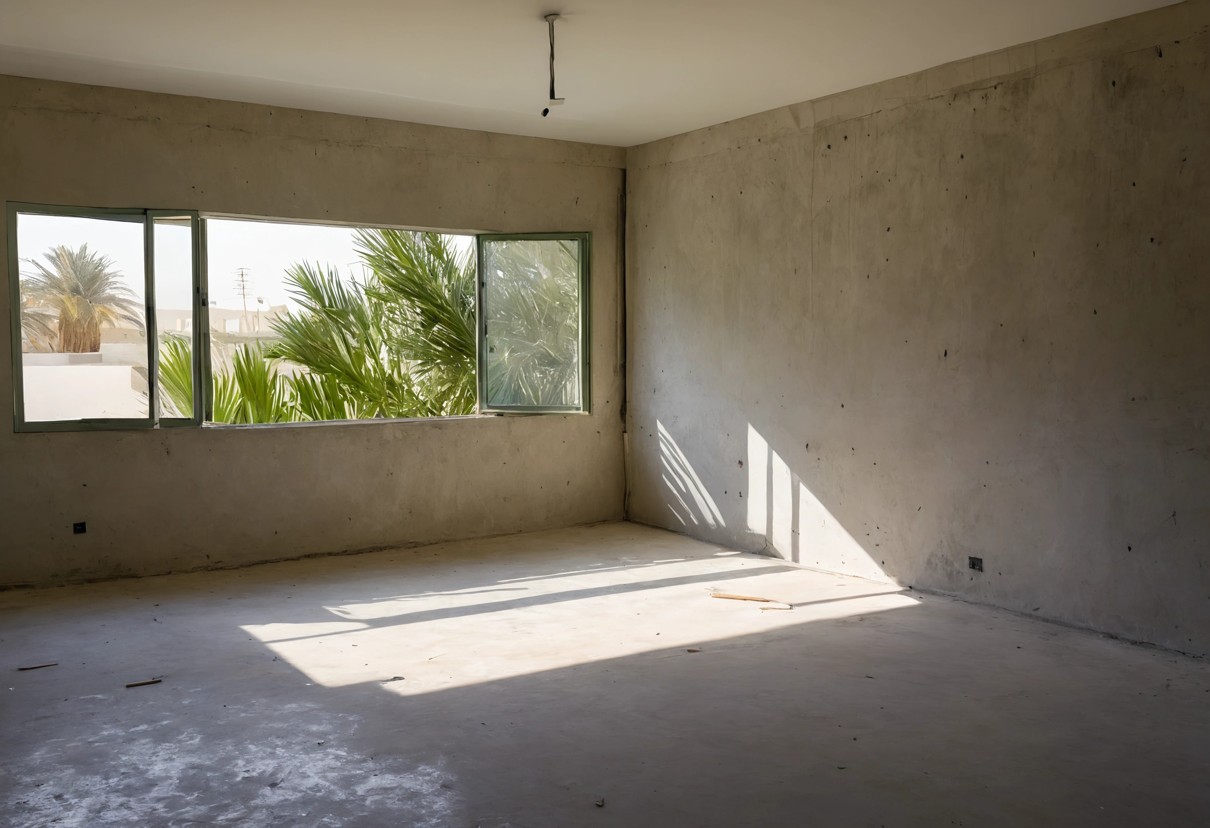 Stripped villa room with bare plaster walls, open windows and palm trees outside during renovation