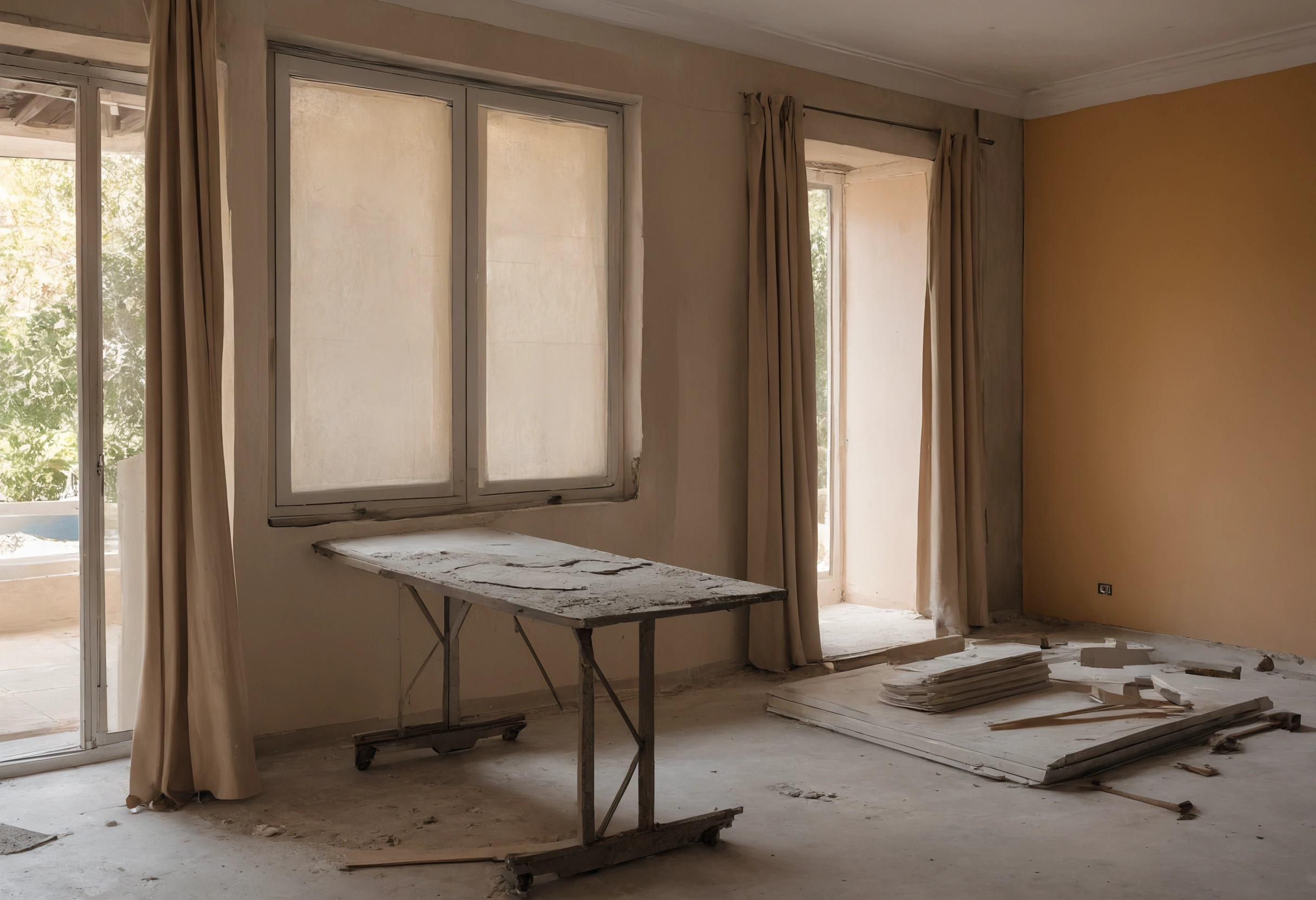 Villa room mid-renovation with a plasterer's work table, drawings and cut boards on the floor